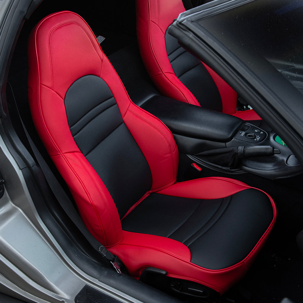 Iggee Custom Fit Seat Covers For 1997-2004 Chevy Corvette C5 - Synthetic Leather (Black/Red)