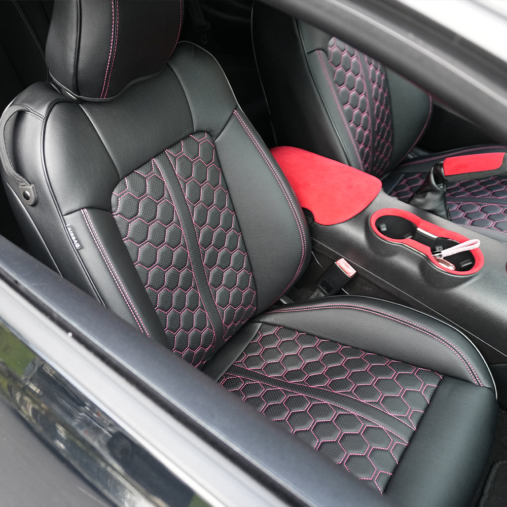Coverdream Custom Leather Seat Covers For 2015-2024 Ford Mustang Convertible - Full Set, Black/Red, Waterproof